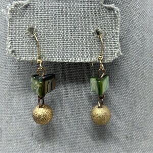 Green Abalone Shell Mother of Pearl Chip Dangle Earrings Gold Metallic Beads